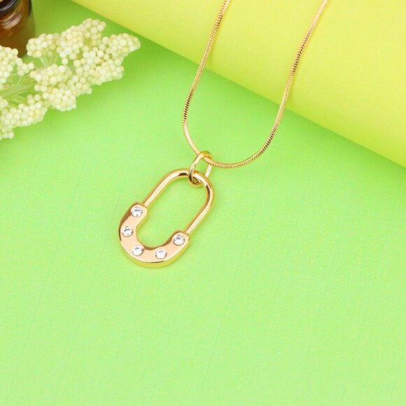 "Rose Gold Modern U-Shaped Pendant with Sparkling Stone Inlay, XPPT1223 - Picture 3 of 13